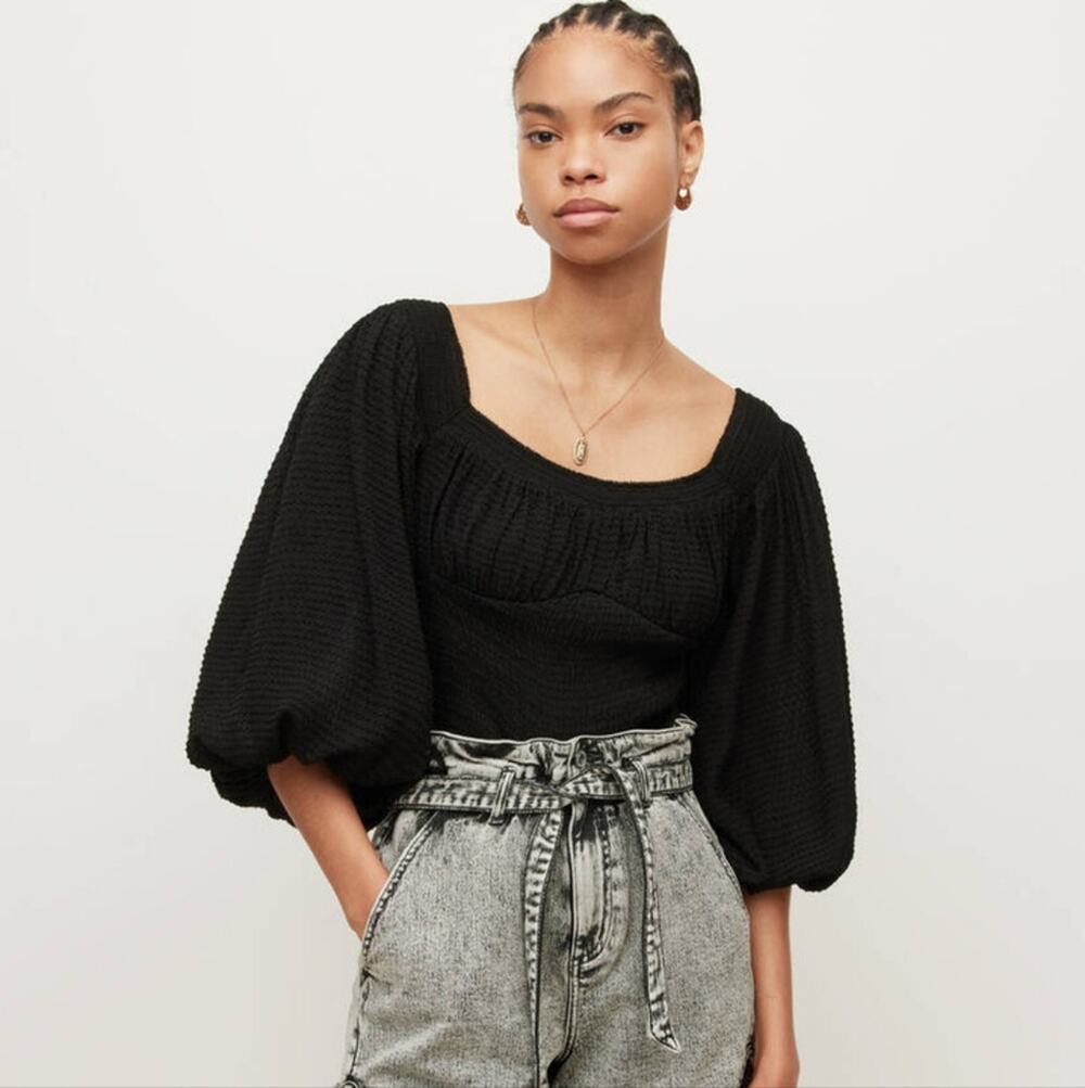 NWT All Saints Black Tia Texture Puff Sleeve Blouse